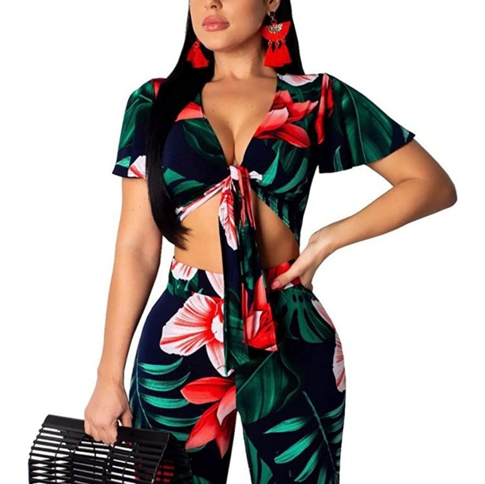 Two Piece Outfits V Neck Off Shoulder Long Straight Pants
